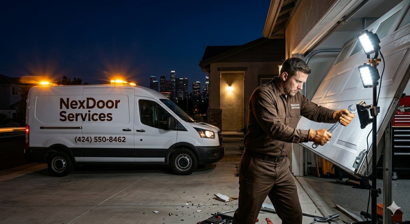 NexDoor Services emergency garage door repair at night in Los Angeles