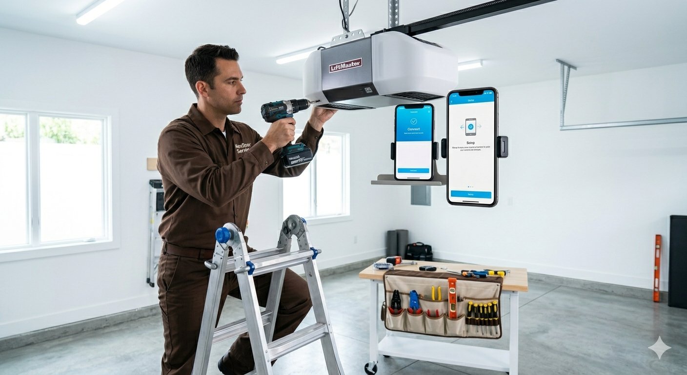 NexDoor Services technician repairing garage door panel in Los Angeles